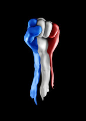 Obraz premium France strength and unity / 3D render of raised fist covered with French tricolour flag
