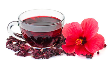Hibiscus tea, flower and dry blossom