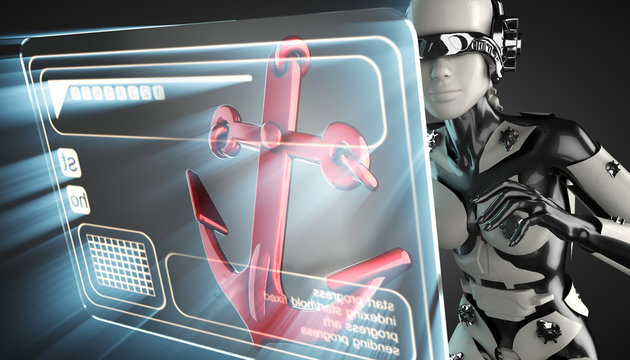 cyborg woman and anchor on hologram display