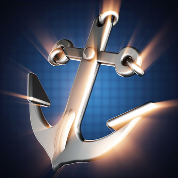 metallic anchor on blue background