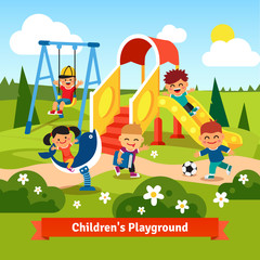 Obraz na płótnie Canvas Kids playing on playground. Swinging and sliding