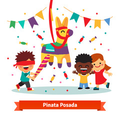 Children celebrating Posada by breaking Pinata - obrazy, fototapety, plakaty