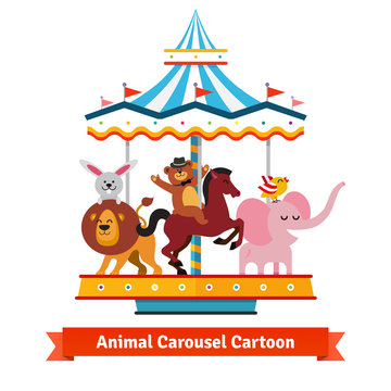 Funny cartoon animals riding on carnival carousel