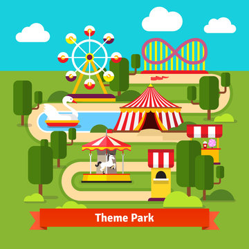 Amusement park map, ferris wheel, roller coaster Stock Vector | Adobe Stock