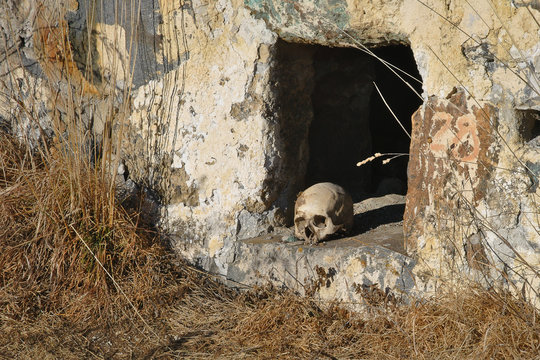 A human skull at the enter of the crypt. City of the dead: a necropolis near the village of Dargavs, North Ossetia - Alania, Russia