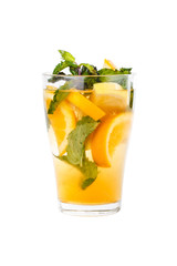 Hot tea with orange and mint. Isolated on white background