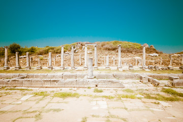 Obraz premium Ancient ruins of Perge. The colonnaded street. Stylized color film. Toning. Turkey
