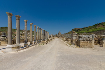 Ancient ruins of Perge. The colonnaded street. Turkey