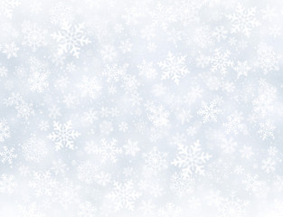 Winter white snowflakes, snow on silver background, Christmas season texture