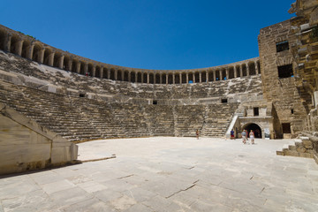 The Roman ancient theater in Aspendos. The province of Antalya. Mediterranean coast of Turkey.