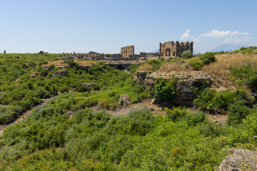 Fototapeta na wymiar Ancient ruins of Aspendos. In the background. Basilica. Turkey.