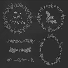 Vector vintage Christmas doodle frames, dividers. Seasonal hand drawn design elements on black chalk dirty board