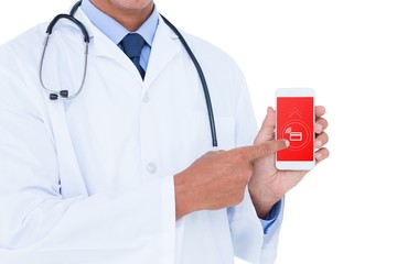 Male doctor pointing on mobile phone