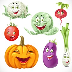 Cartoon vegetables smiles pumpkin, green onions, cabbage, caulif