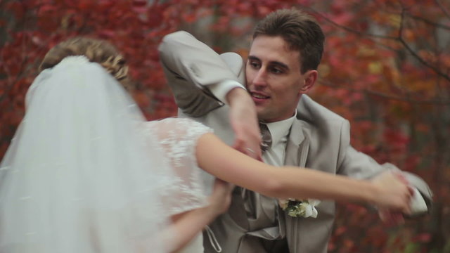 A wedding day of the two happy professional dancers (bride and groom)