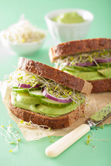 healthy avocado sandwich with cucumber alfalfa sprouts onion