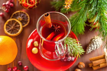 Traditional Christmas hot drink. Mulled wine for New Year Eve celebration party. Top view.