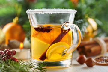 Delicious Christmas hot drink. Citrus liqueur in glass.