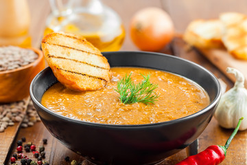 Healthy food, cooking of lentil cream soup for lunch, close-up