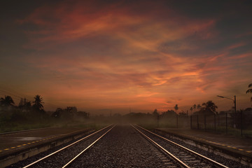 Fototapeta na wymiar Railway way at the Dusk or in the Morning