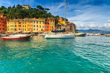 Portofino panorama,luxury harbor and colorful houses,Liguria,Italy,Europe