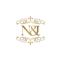 N&J Initial logo. Ornament ampersand monogram golden logo