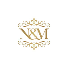 N&M Initial logo. Ornament ampersand monogram golden logo