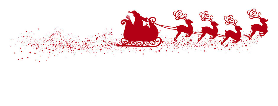 Fliegender Weihnachtsmann mit Rentierschlitten und Schweif. Freigestellte, rote Vektor Silhouette, isoliert auf weißem Hintergrund. Shape, Kontur, Schattenriss Vorlage. Weihnachtssymbol - Symbol.