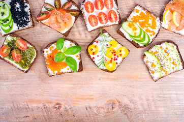 Background of Nordic open sandwiches. Background of scandinavian open sandwiches. Free space for your text.