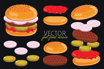 Vector burgers isolated on black background. 