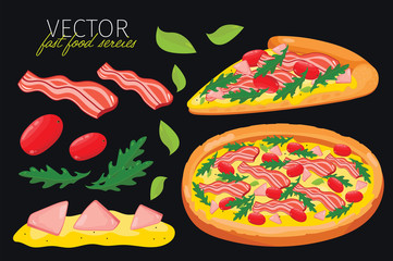 Isolated vector bacon pizza. Fast food set.