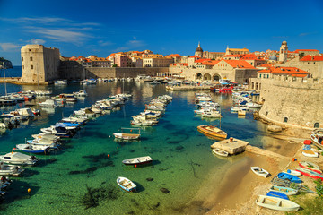 Old city of Dubrovnik panorama with colorful boats,Croatia,Europe