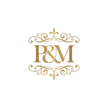 P&M Initial logo. Ornament ampersand monogram golden logo