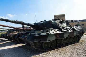 Fototapeta na wymiar Old Russian made tanks T-55, T-72, T-64