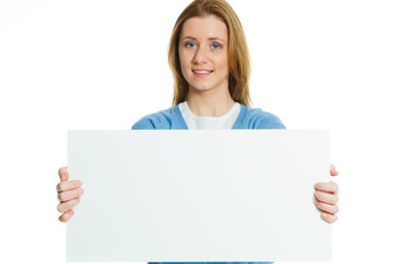 attractive young woman with blank ad banner