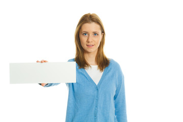 attractive young woman with blank ad banner