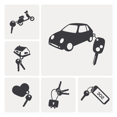 different keys set icons. rent a car, rent a a motorbike, hotel key, padlock key...

