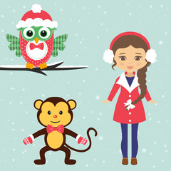 winter monkey and owl and winter girl