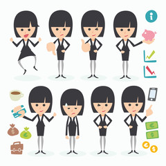 brunette businesswoman in different poses and actions
