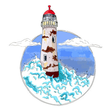 Lighthouse in waves in the blue sea, vector