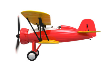 Side view of red and yellow biplane isolated on white background. Clipping path available.