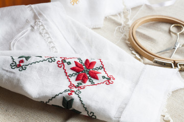 Openwork embroidery, incomplete work in progress and tools for embroidery