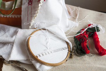 Openwork embroidery, incomplete work in progress and tools for embroidery