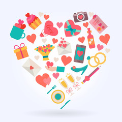 Love icons set in heart shape