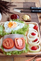 Slice bread ,ham ,fried eggs with breakfast.