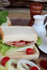 Slice bread ,ham ,fried eggs with breakfast.