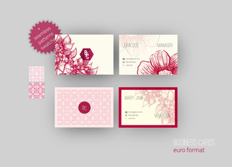 Set of  Business cards with sketch flowers and Arabic seamless patterns. Euro size