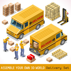 Delivery Service Chain Elements Collection. Pallet 3D Flat Vector Isometric Vehicle Icon Set. Box Pack worldwide shipping carry Courier man of Postal Yellow Van Car Express Product home Shop Transport
