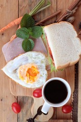 Slice bread ,ham ,fried eggs with breakfast.