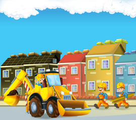 Cartoon scene with construction workers - excavator - illustration for the children